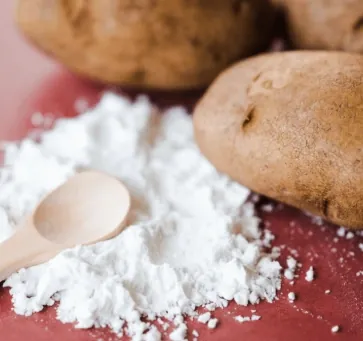 Whole potatoes beside a heap of fine white potato starch powder