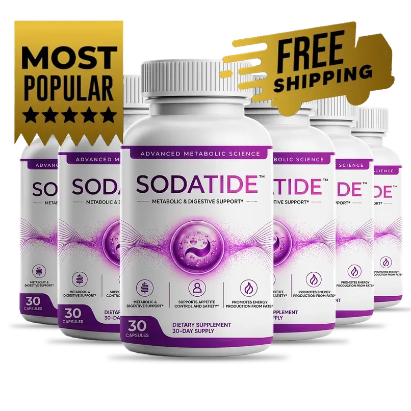 Six Sodatide bottles grouped together under two promotional ribbons