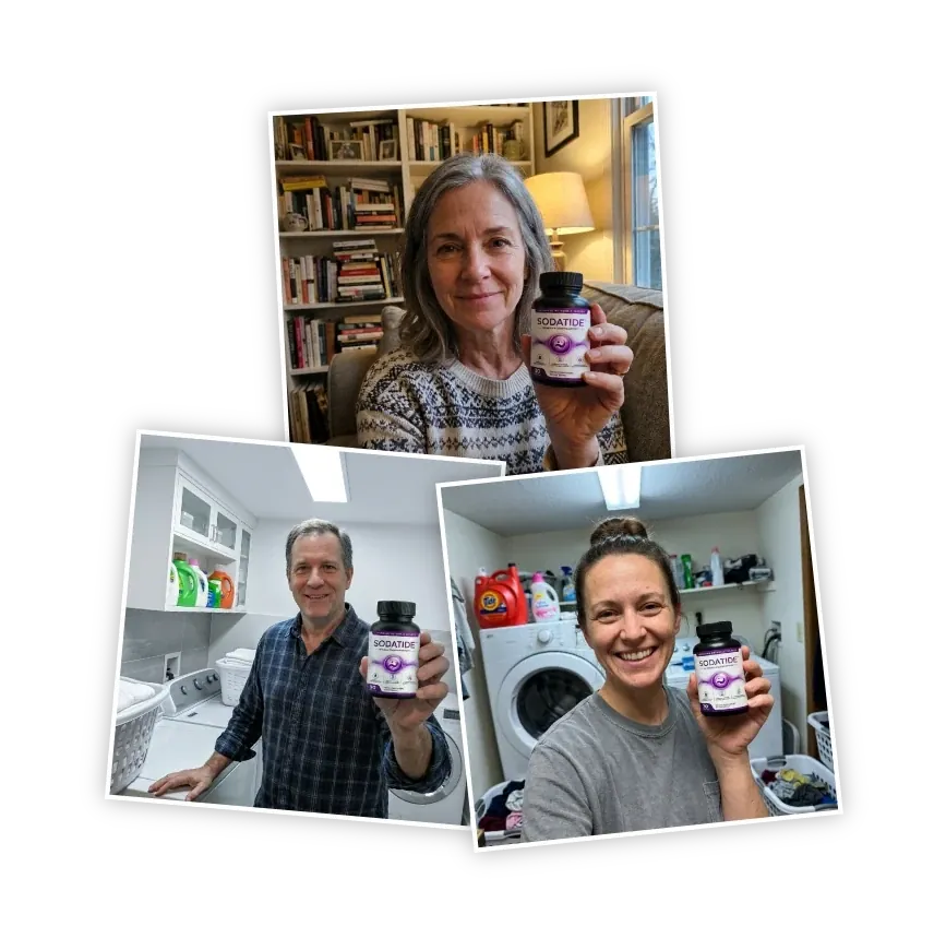 Instant-photo style pictures of adults smiling and holding a Sodatide bottle, mobile layout