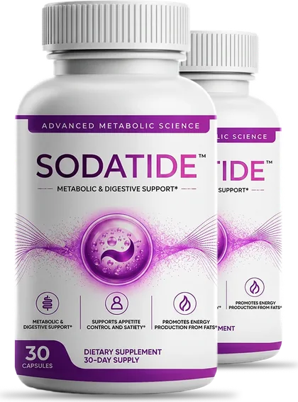 Two white Sodatide bottles with a violet label, 30 capsules each