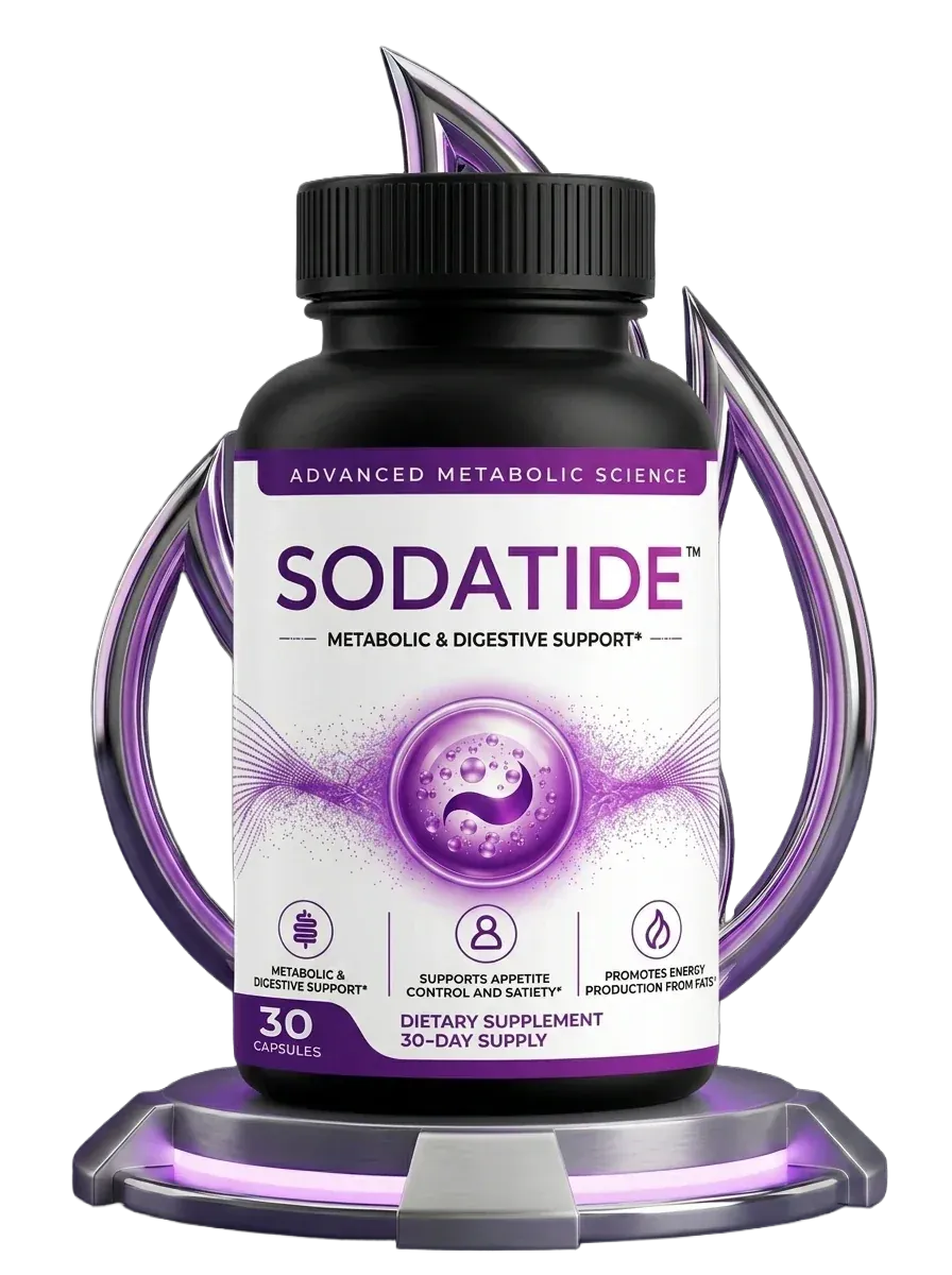A Sodatide bottle with a violet label on a lit display stand