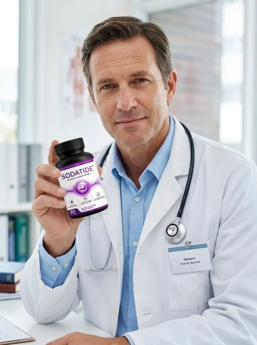 A man in a white coat holding a white Sodatide bottle with a violet band