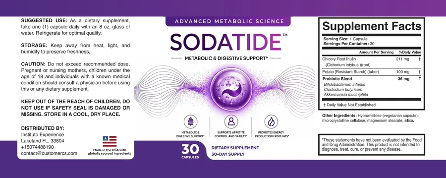 The full Sodatide label laid flat: back panel with suggested use, storage, caution and distributor; front with the Sodatide name and three claims; and the Supplement Facts panel with inulin, resistant starch and a probiotic blend